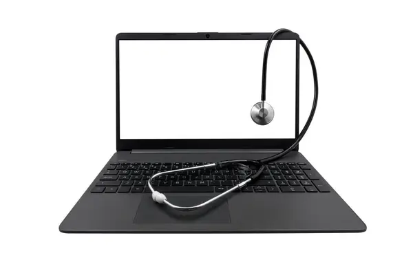 Laptop Blank Screen Medical Stethoscope Isolated White Background Medical Consultation Stock Picture