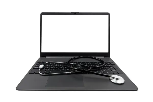 Laptop Blank Screen Medical Stethoscope Isolated White Background Medical Consultation Stock Photo