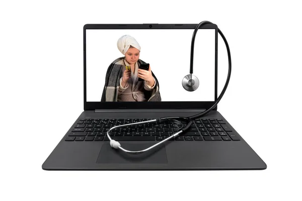 Laptop Medical Stethoscope Isolated White Background Laptop Screen Girl Cold — Stock Photo, Image