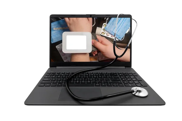 Laptop Medical Stethoscope Isolated White Background Laptop Screen Tonometer Blank — Stock Photo, Image