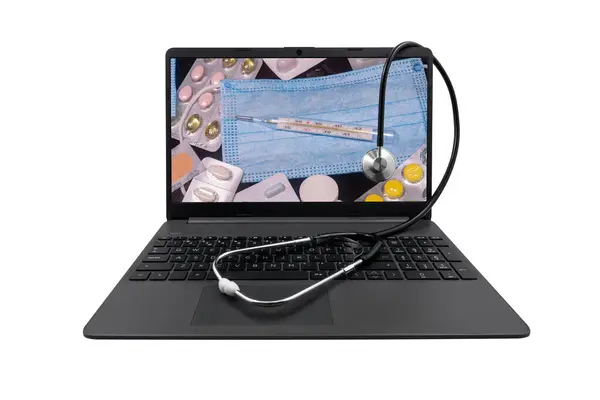 Laptop Medical Stethoscope Isolated White Background Laptop Screen Mercury Thermometer — Stock Photo, Image