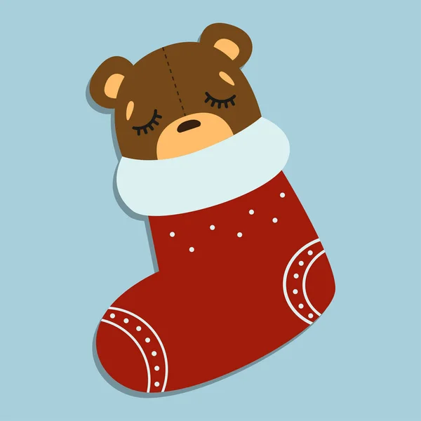 Carino Orso Dei Cartoni Animati Dormire Calze Natale Illustrazione Vettoriale — Vettoriale Stock