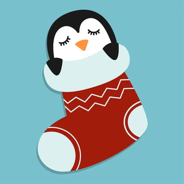 Roztomilý Kreslený Tučňák Spící Vánočních Punčochách Vektorové Vánoční Ponožky — Stockový vektor
