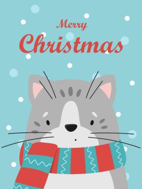 Çizgili eşarplı şirin gri bir kedi tasviri. Vektör Noel kartı.