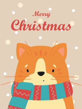 Çizgili eşarplı, sevimli, kızıl bir kedi tasviri. Vektör Noel kartı.