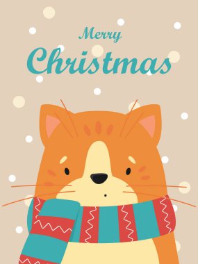 Çizgili eşarplı, sevimli, kızıl bir kedi tasviri. Vektör Noel kartı.