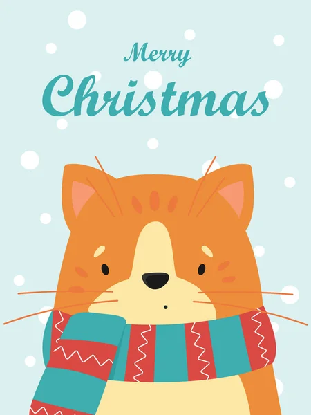 Stock vector Illustration of a cute ginger cat in a striped scarf. Vector Christmas card.