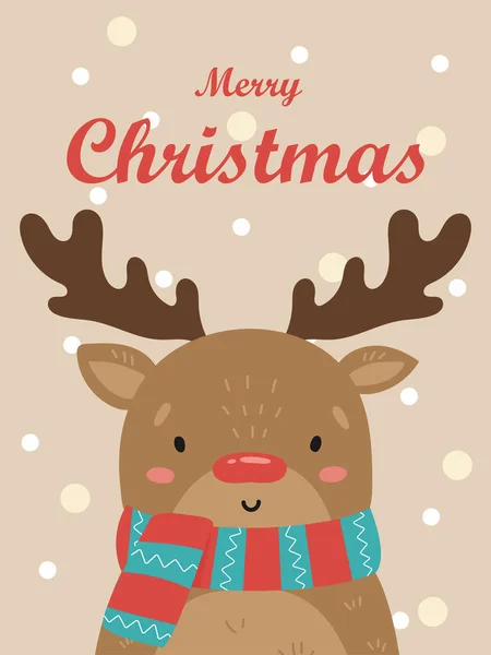 Illustration Cute Deer Red Nose Striped Scarf Vector Christmas Card — Stock Vector