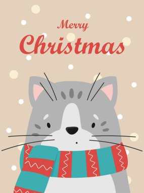 Çizgili eşarplı şirin gri bir kedi tasviri. Vektör Noel kartı.
