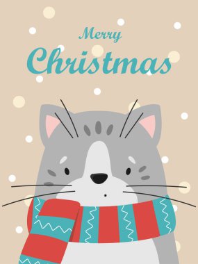 Çizgili eşarplı şirin gri bir kedi tasviri. Vektör Noel kartı.