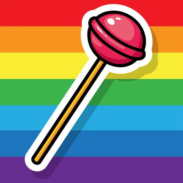 Pinkfarbener Lutscher Auf Gestreiftem Buntem Hintergrund Cartoon Sticker Lgbt Pride — Stockvektor
