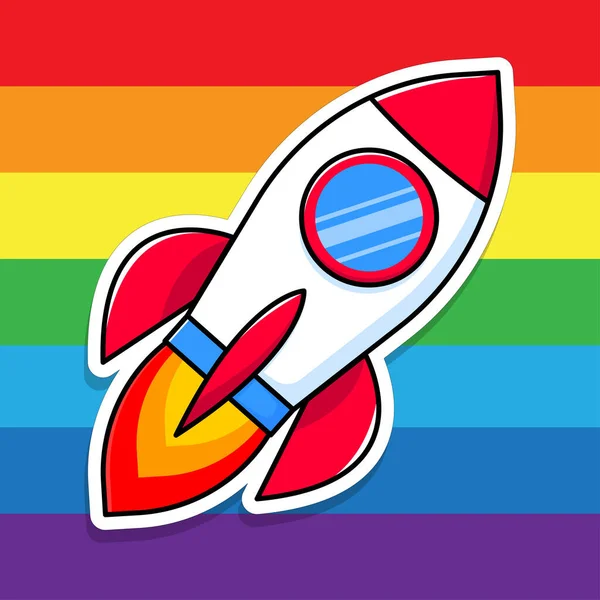 Raketa Létá Pruhovaném Vícebarevném Pozadí Kreslená Nálepka Lgbt Pride Duhová — Stockový vektor