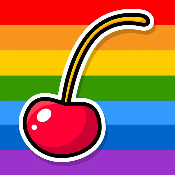 Kirsche Auf Einem Gestreiften Bunten Hintergrund Cartoon Sticker Lgbt Pride — Stockvektor