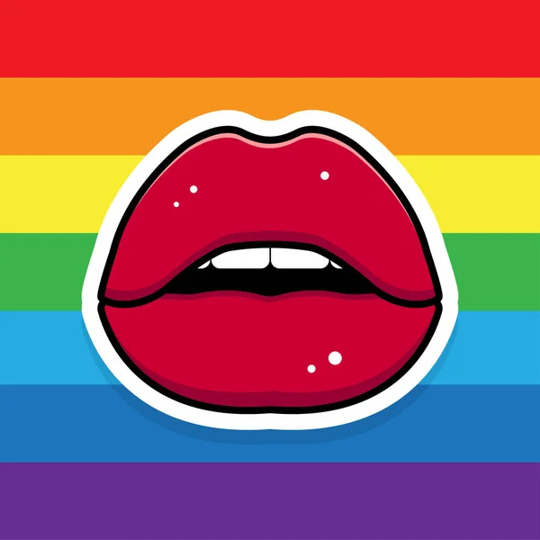 Rote Lippen Auf Einem Gestreiften Mehrfarbigen Hintergrund Cartoon Sticker Lgbt — Stockvektor