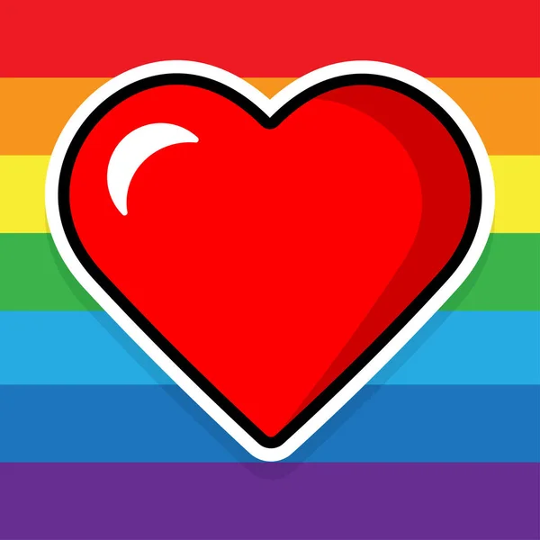 Rotes Herz Auf Bunt Gestreiftem Hintergrund Cartoon Sticker Lgbt Pride — Stockvektor