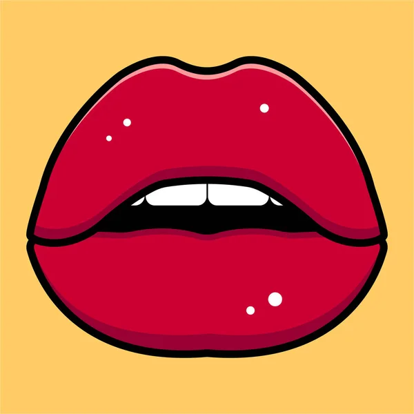 Red Lips Yellow Background Cartoon Sticker Vector Illustration — Stock Vector
