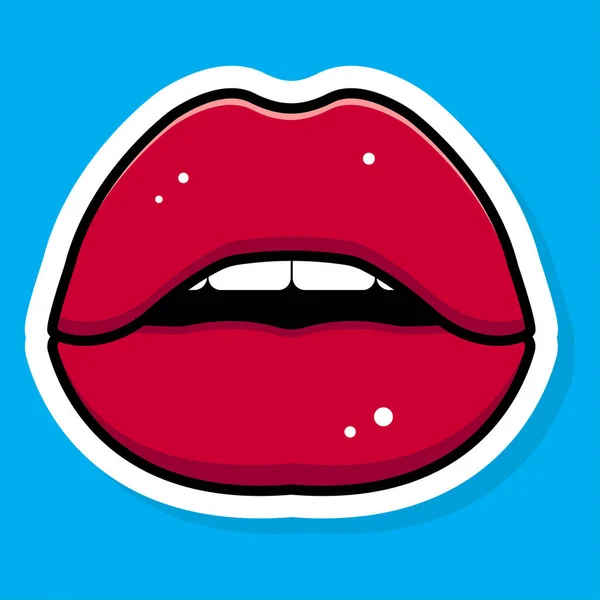 Cartoon Sticker Red Lips Blue Background Vector Illustration — Stock Vector