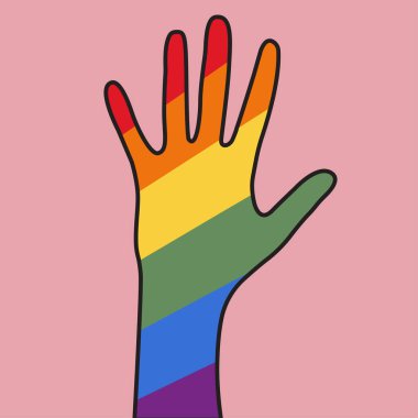 LGBT bayrağı ve el kaldırma. Elini aç. Gökkuşağı bayrağı. Vektör illüstrasyonu.