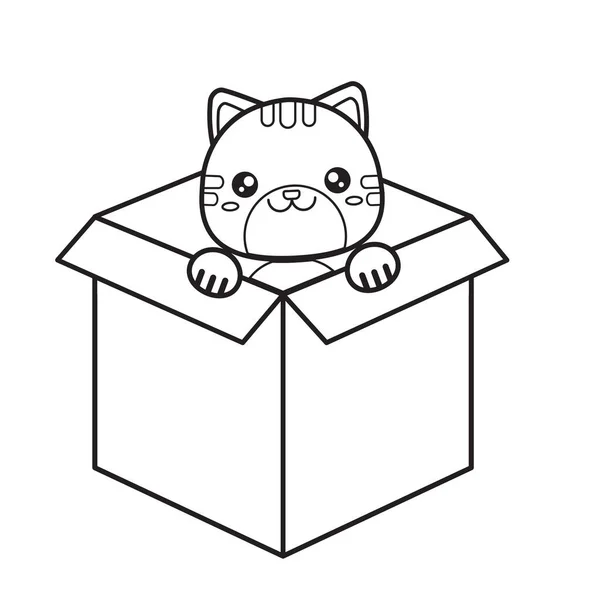 Illustrazione Del Contorno Simpatico Gatto Seduto Una Scatola Libro Colorare — Vettoriale Stock