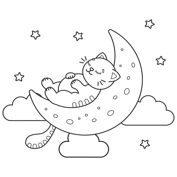 Contour Illustration Cute Cat Sleeping Moon Vector Coloring Book — Stock Vector