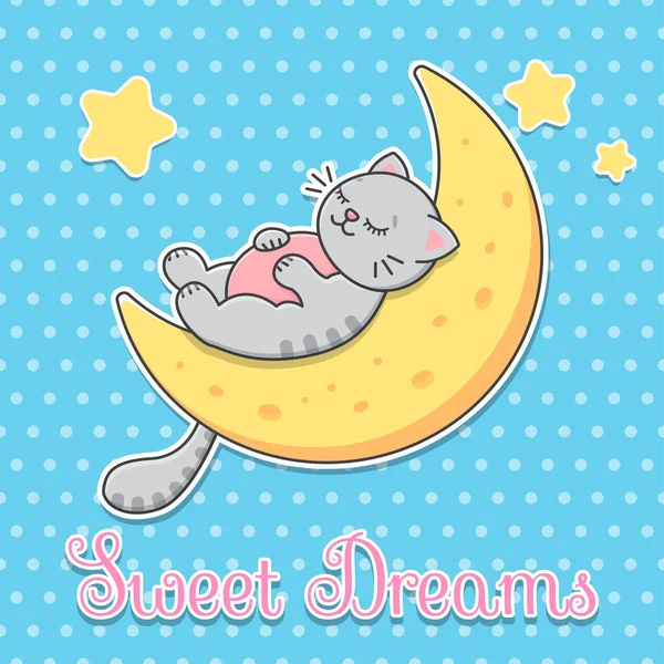郵便はがき甘い夢 猫は月のかわいいシンプルなフラットベクトルで眠る イラスト — ストックベクタ