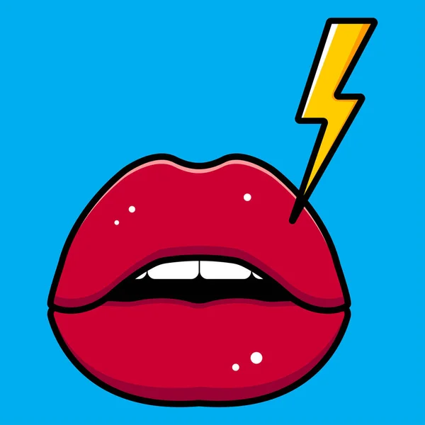 Cartoon Gelber Blitz Und Rote Lippen Vektor Aufkleber Vektorillustration — Stockvektor
