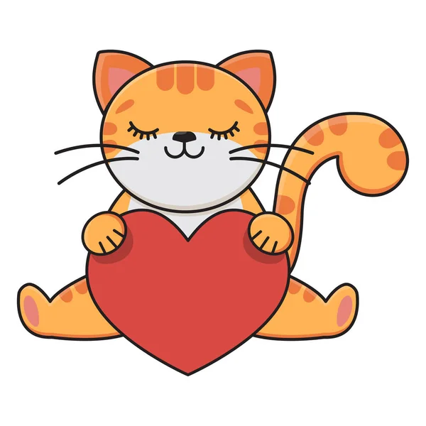 Kreskówkowy Czerwony Kot Trzymający Czerwone Serce Druk Dziecięcy Naklejka Wektorowa — Wektor stockowy