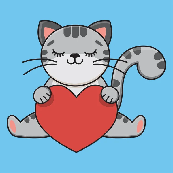 Desenhos Animados Gato Cinza Segurando Coração Vermelho Impressões Infantis Autocolante —  Vetores de Stock