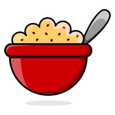 Yulaf ezmeli kırmızı çizgi film tabağı. Kuru üzümlü lapa. Vektör illüstrasyonu beyaz arkaplanda izole edildi.