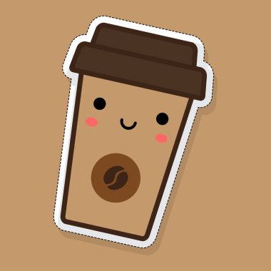 Tatlı bir çizgi film kahve bardağının çıkartması. Vektör illüstrasyonu.