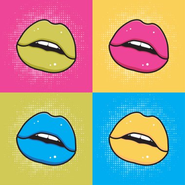 Pop art poster. Multi-colored lips on a multi-colored background. vector illustration.