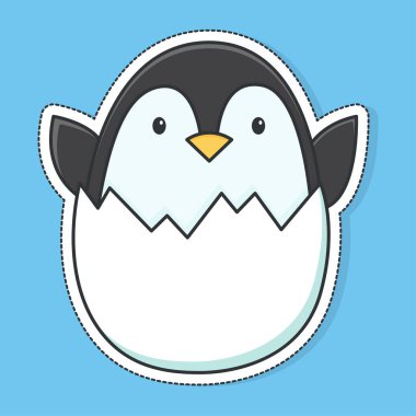 Little cute penguin peeks out of the egg. Vector sticker.