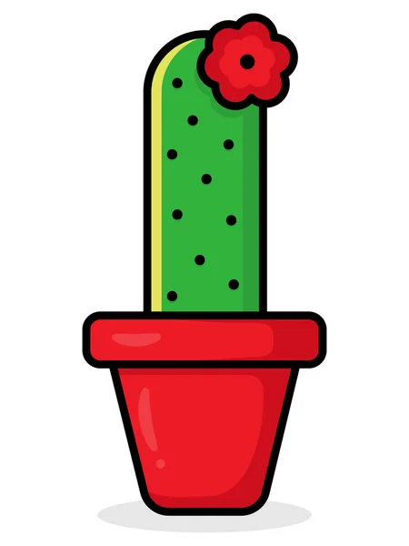 Cartoon Flach Blühender Kaktus Grüner Kaktus Einem Roten Blumentopf Vereinzelt — Stockvektor