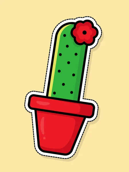 Cartoon Kaktus Flach Grüner Kaktus Einem Roten Blumentopf Vektor Aufkleber — Stockvektor