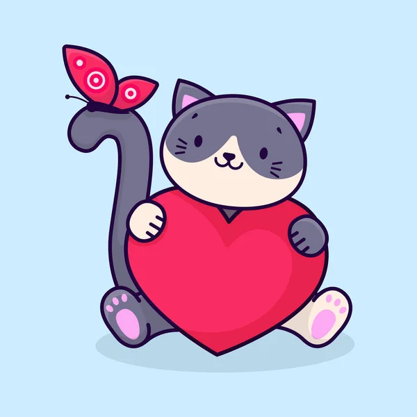 Söt Tecknad Grå Katt Håller Ett Rosa Hjärta Sina Tassar — Stock vektor