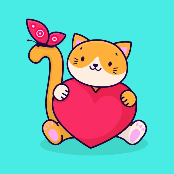 かわいい漫画の生姜猫は その爪にピンクの心を持っています 猫と蝶 ベクターイラスト — ストックベクタ
