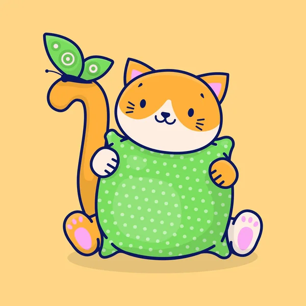 一只可爱的卡通生姜猫把一个绿色的枕头放在爪子里 猫和蝴蝶 矢量说明 — 图库矢量图片
