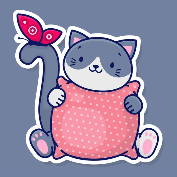 一只可爱的卡通灰猫爪子上拿着一个粉色枕头 猫和蝴蝶 病媒贴纸 — 图库矢量图片