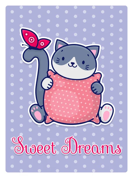 Gato Cinza Bonito Cartoon Detém Travesseiro Rosa Suas Patas Gato —  Vetores de Stock
