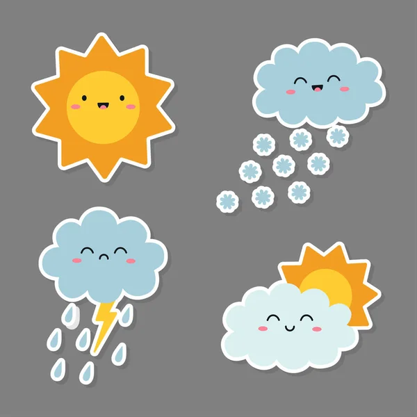 Söta Tecknade Bilder Väderförhållanden Klistermärken För Barn Med Väderstreck Vektorillustration — Stock vektor