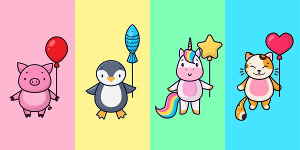 Desenhos Animados Ilustrações Animais Fundo Colorido Pinguim Bonito Porquinho Unicórnio —  Vetores de Stock