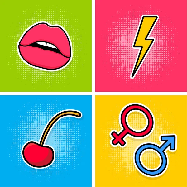 Pop Art Plakat Kirsche Und Bombe Blitz Und Geschlechtssymbole Elemente — Stockvektor