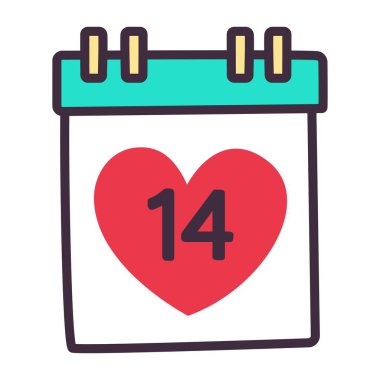 Sevgililer Günü geleneksel dekorasyonu. Çizgi film tarzında çizimler. 14 Şubat tarihli duvar takvimi. Takvimde 14 numara