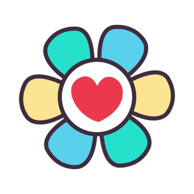 Sevgililer Günü geleneksel dekorasyonu. Çizgi film tarzında çizimler. Ortasında kalp amblemi olan bir çiçek..