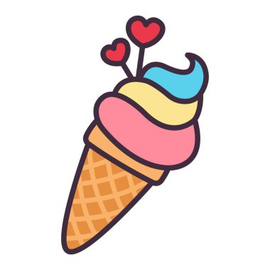 Sevgililer Günü geleneksel dekorasyonu. Çizgi film tarzında çizimler. Çok renkli bir dondurmaydı. Sevdiğine tatlı..