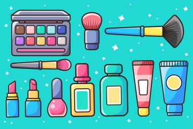 Makyaj malzemeleri. Makyaj seti. Vektör etiketleri.
