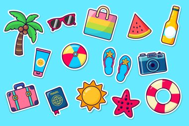 Üzerinde yaz tatili öğeleri olan çıkartmalar. Deniz kenarında tatil için aksesuarlar. Vektör illüstrasyonu.