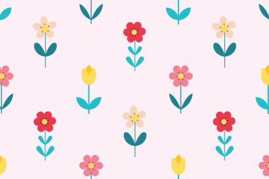 Çok renkli kır çiçeklerinin deseni. Düz bir şekilde vektör illüstrasyonu. Tekstil, duvar kâğıtları, ambalaj ve dijital tasarımlar için ideal.