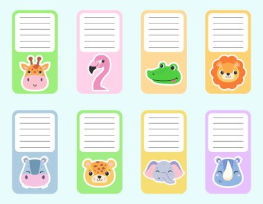 İsim etiketi tasarımı. Afrika hayvanlı çocuk çıkartmaları. Vektör illüstrasyonu.