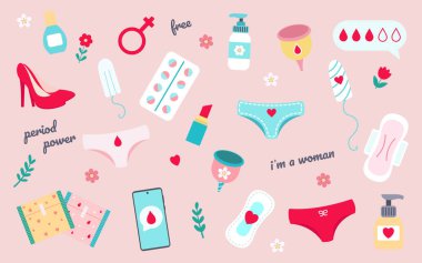 Bir grup kadın adet döngüsü vektör çizimleri. Adet bardağı, ped ve tampon, kişisel hijyen ürünleri. Düz biçimli vektör illüstrasyonu.
